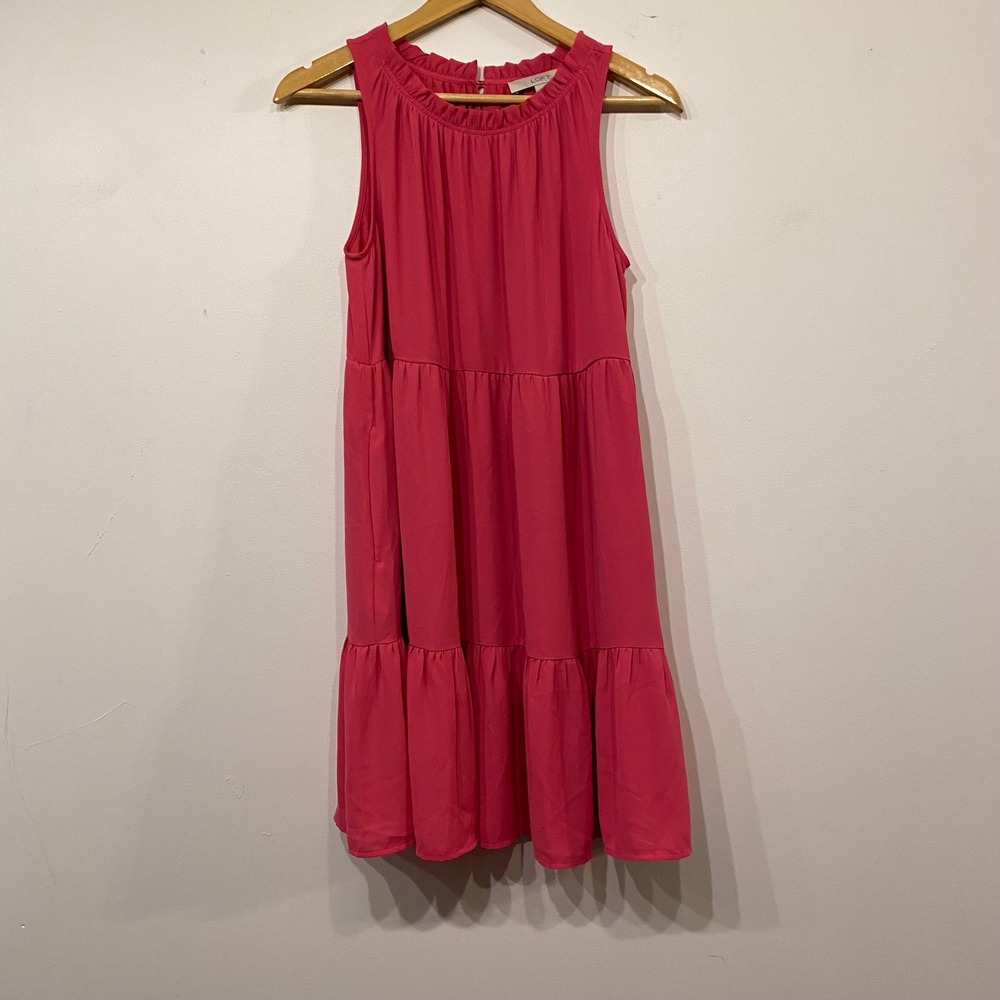 LOFT Pink Sleeveless Ruffle Neck Tiered Shift Mini Dress Feminine Size Small